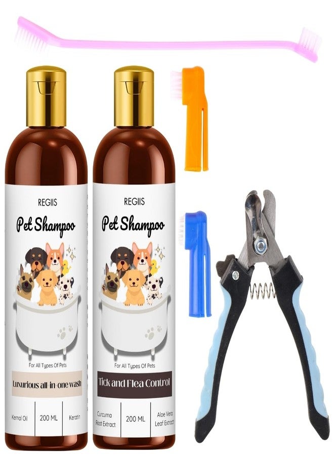 مجموعة شامبو الحيوانات الأليفة من ريجيس مع مكافحة البراغيث، غسول فاخر شامل، مكونات طبيعية، 200 مل، عبوتان مع أدوات العناية (عبوة من 4 قطع) - Image 1